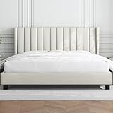 Yaheetech King Bed Frame Upholstered Platform Bed with Fabric Headboard, Wing Edge Design/Non-Slip and Noise-Free/Wooden Slats Support/No Box Spring Needed/Easy Assembly, Beige King Bed