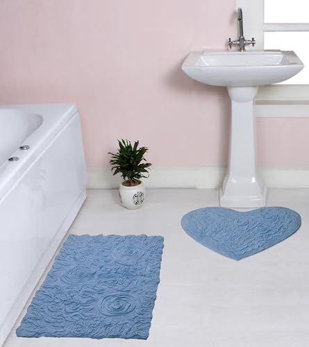 Home Weavers Bell Flower Collection 100% Cotton Tufted Bath Rugs, Extra Soft and Absorbent Bath Rugs, Non-Slip Bath Mats, Machine Washable, Bathroom Bath Mats, 2 Piece Set with Heart, Sky Blue