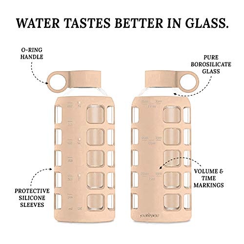 Purifyou Premium 40/32 / 22/12 Oz Glass Water Bottles With Volume & Times To Drink, Silicone Sleeve & Stainless Steel Lid Insert, Reusable Bottle For Fridge Water, Milk, Juice (22Oz Hazelnut) #TOP2