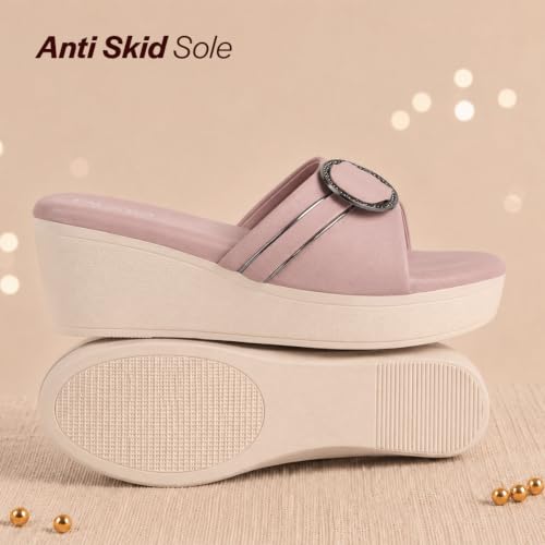 Image of FAUSTO Women Buckle Design Wedge Heel Sandals | Comfortable Slip-On Platform Slides For All Day Wear, Casual and Party | Soft Cushioned Insole