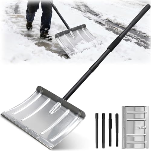 Snow Shovel for Driveway, Heavy Duty Aluminum Snow Removal Shovel - 67" Long Handle Ergonomic Metal Snow Push Shovel, Portable for Car Trunk Home Garage Backyard Walkway Parking