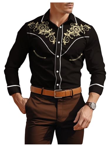 Men's Vintage Floral Print Shirts Western Cowboy Shirt Button Down Long Sleeve Tee Top