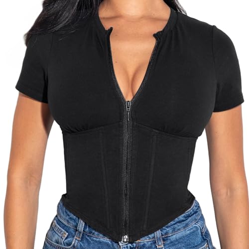 TA3 Short Sleeve Corsety Top - Summer Tops – Full Separating Zipper - Built-in Shelf Bra A to H Cup - Patented Construction