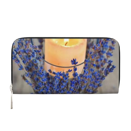 Image of HEBSDFG Wood Board Candle Lavender Printed Long Wallet for Men and Women PU Leather Hand Purse with Card Holder, Zipper Closure