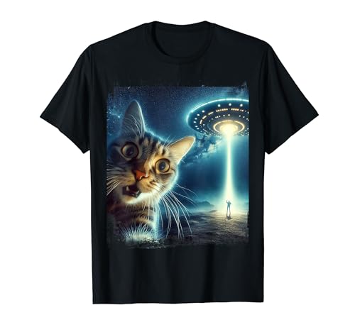 Divertente gatto selfie con UFO rapimento alieni Maglietta