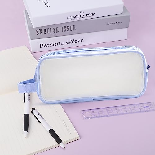 Image of Oyachic 2 Compartment Pencil Case Clear Mesh Pen Pouch Grid Makeup Cosmetics Bag Transparent Marker Organizer Office Business Travel Adults,blue
