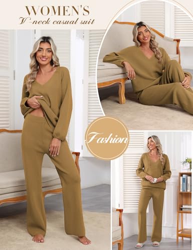 CMTOP Two Piece Outfits Women Tracksuits Sweater Sets Elegant V Neck Lounge Wear Sets Casual Knit Pullover Tops Elastic Waisted High Waist Wide Leg Trousers Tracksuits Set(Khaki, M) - Image 2