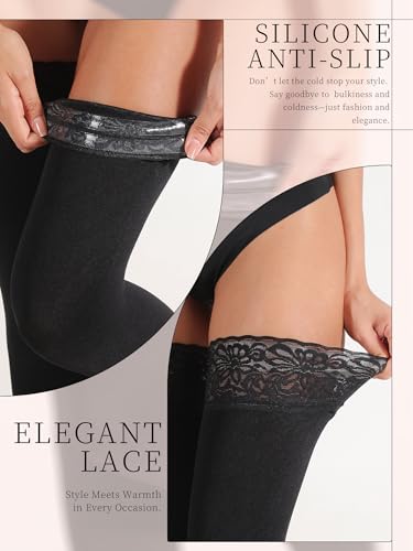Fleece Lined Thigh High Stockings for Women, Anti-slip Silicone Lace Up Tights, Opaque Winter Thermal Leggings3