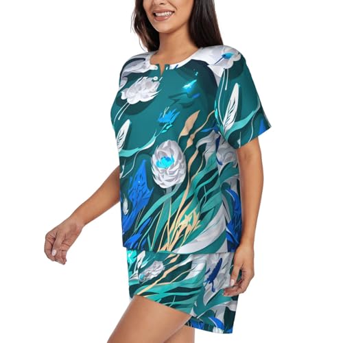 Pyjama à manches courtes imprimé libellule ensemble femme doux et fluide