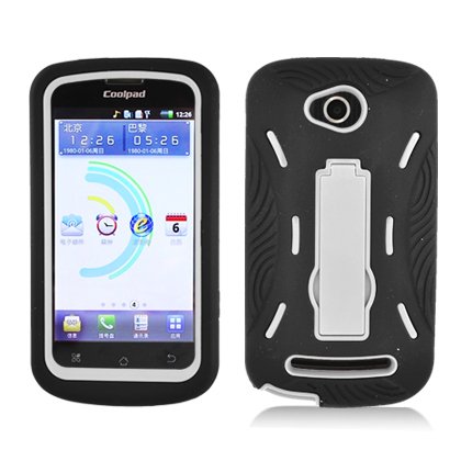 Aimo Wireless COOL5860PCMX028S Guerilla Armor Hybrid Case with Kickstand for Coolpad Quattro 4G 5860e - Retail Packaging - Black/White