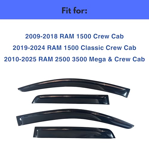 Image of IG Window Visor Fit for 2009-2018 RAM 1500 Crew Cab, Out-Channel Rain Guards Vent Deflectors 4PC, Truck Accessories for 2019-2024 RAM 1500 Classic, 2010-2025 RAM 2500 3500 (Mega & Crew Cab)