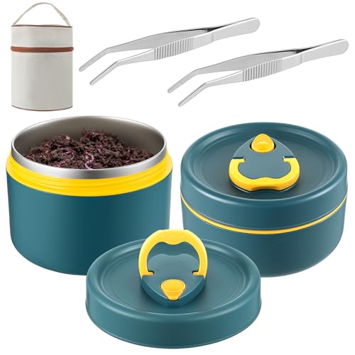 Honeydak 2 Pcs Fishing Bait Container Stainless Steel Insulated Live Bait Storage with 1 Handbag and 2 Tweezers Worm Holder Storage Box for Keeping Fresh and Alive(Dark Blue)