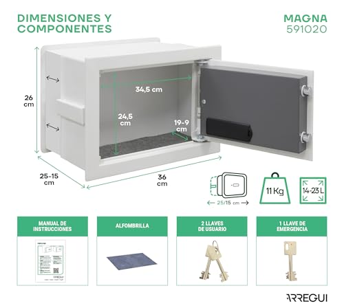 ARREGUI Magna 591020 Einbautresor mit Code und Schlüssel, doppelte Sicherheit mit ausziehbarem Boden für Geld, elektronischer Wandsafe für Zuhause oder Büro, 26 x 36 x 15-25 cm, 14-23 l