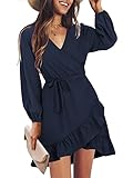 Amoretu Womens Elegant Long Sleeve Dresses Wrap V Neck Ruffle Swing Dress Navy M