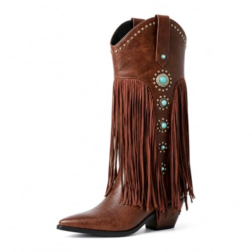 Women Brown Western Cowgirl Boots, Pointed Toe Fringe Turquoise Studs Shoes by Winforea - Used condition - US$31.48