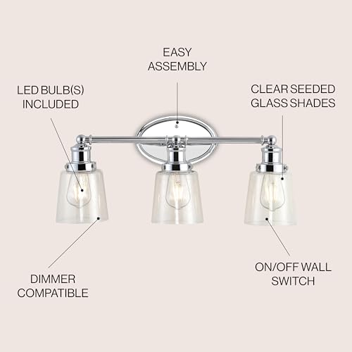 Image of JONATHAN Y 22.5 inch Chrome 3-Light LED Vanity Light, Farmhouse Wall Sconce for Bathroom Mirror, Clear Seeded Glass Shade, Rustic Iron Fixture for Kitchen Hallway, LED Bulb Included (JYL7532A)