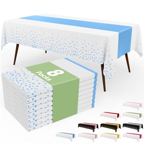 Image of Smiry Plastic Table Cloth Disposable 8 Pack, 54 x 108 Inch Rectangle Waterproof Tablecloth, Printed Gold Table Runner Style for Birthday Weeding, Party, Leakproof & Sturdy, White and Baby Blue