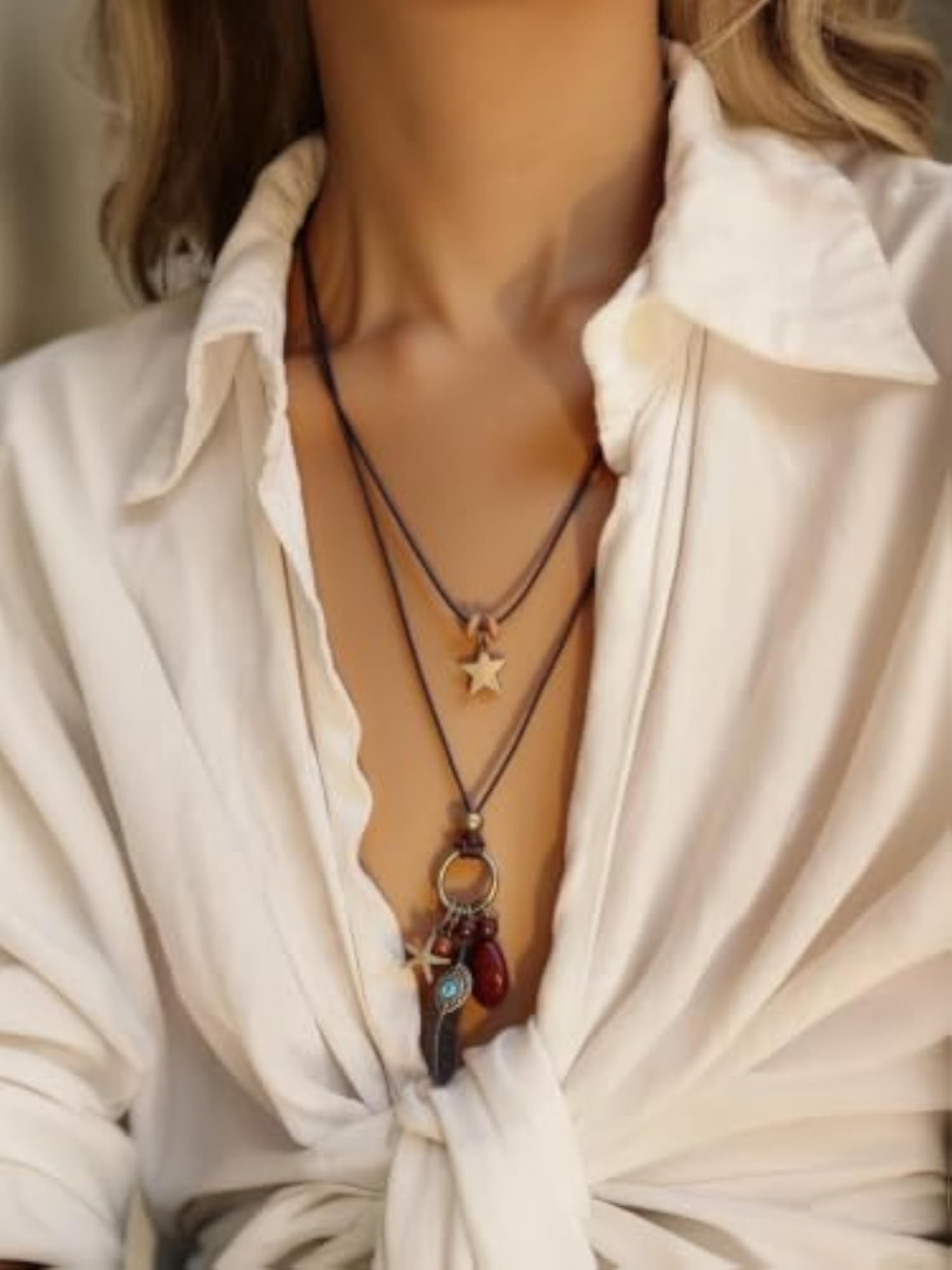 Women's Bohemian Bronze Feather Long Necklace, Vintage Style