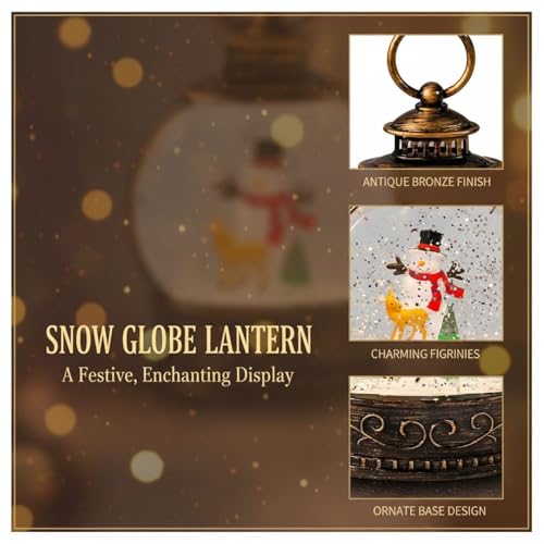 Farol de nieve con muñeco de nieve de Navidad y luz LED retro en bronce para mesa 3