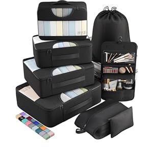 Veken 8 Set Packing Cubes for Travel Essentials, Suitcase Organizer Bags Set for Luggage, Road Trip Travel Accessories in 4 Sizes (Extra Large, Large, Medium, Small), Black