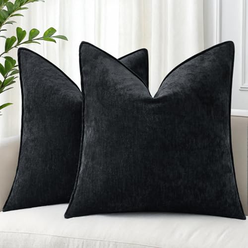 decorUhome Couch Throw Pillow Covers 18x18 Set of 2, Decorative Soft Euro Neutral Chenille Pillow Covers with Elegant Design for Sofa Bed Living Room Home Decor, Black