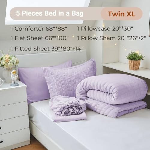 Image of MUXHOMO 5 Pieces Twin XL Comforter Set, Seersucker Bed in a Bag Twin XL Size, All Season Luxury Bedding Set with Comforter, Flat Sheet, Fitted Sheet, Pillowcase & Sham, Lavender