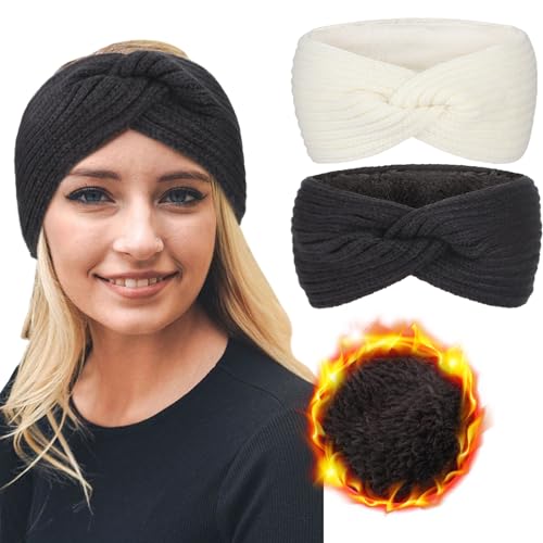 Dreshow Women Warm Knitted Headband Winter Ear Warmer Crochet Head Wraps Thick Fleece Lining Hair Bands cover