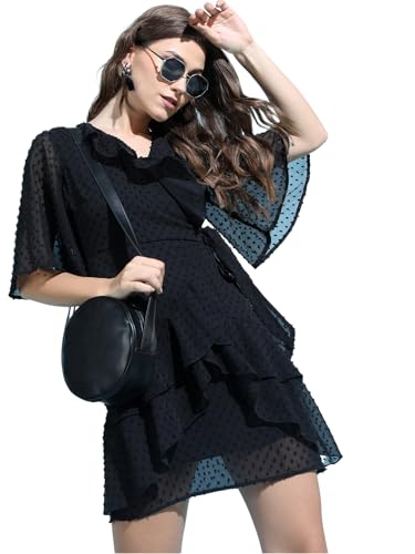 Image of Tokyo Talkies Women's Long Sleeves V-Neck Self Design Dresses | Stylish Dresses | Casual Dresses