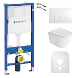 Lavita Duofix Basic Vorwandelement + Lavita Wand Tiefspül WC Dalia Weiß Spülrandlos + WC Sitz mit Absenkautomatik + Bedienplatte Delta 25 Weißer Knopf Komplettset Unterputz Spülkasten Toilette WC