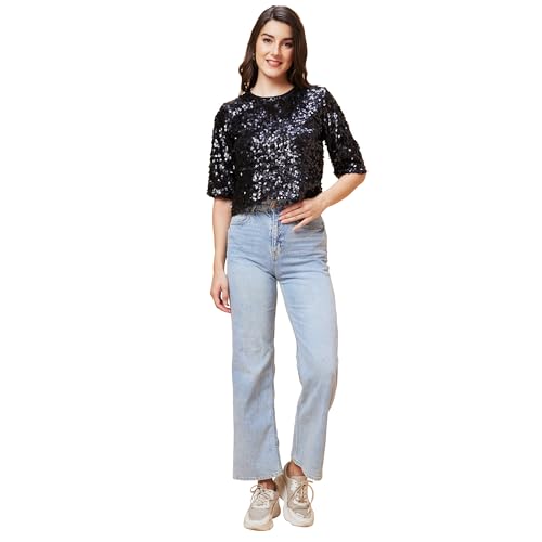 Image of Globus Women Black Embellished Round Neck Party Top-3639444001
