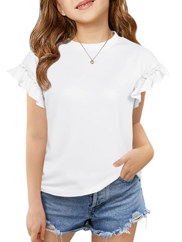 Image of Haloumoning Girls Ruffle Short Sleeve T Shirts Crewneck Tops 5-14 Years | Summer, Cute Tees Blouse, Casual, Solid Color, Loose Fit