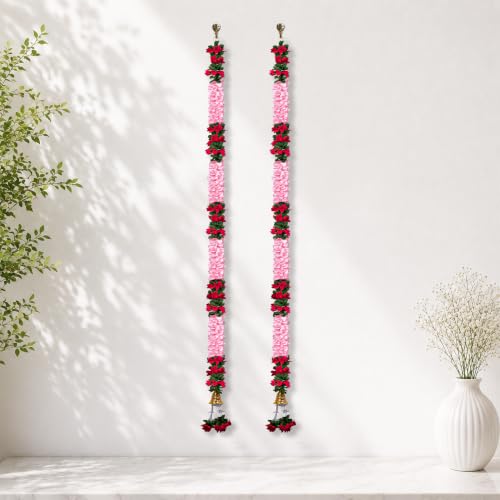 Meezo Flower Garland 5 Feet Flowers with Green Leaf Accents Diwali Decorations Indian Wedding Da de Los Muertos Christmas Festival & Party Decor Reusable Flower (Pink & Red 2-PCS)