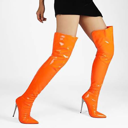 Image of Thigh high boots for women striped Back zipper Burgundy Zebra Print Over the knee Sexy gold white pointed toe Cow Print leopard Magenta stiletto heel