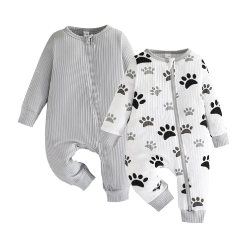 Image of Bafeicao Unisex Baby Boy Girl 2/3 Pack Rompers Long Sleeve 2 Way Zipper One Piece Jumpsuits Clothes Sets