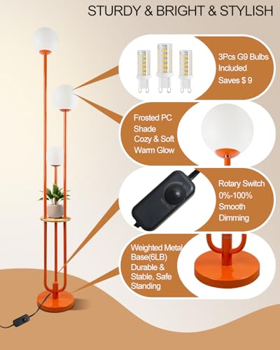 Image of Lightdot 63IN Orange Floor Lamp with Shelf Mid Century Modern Tall Standing Lamps with 3000K Warm White Bulb Included Dimmable Globe Floor Lamp with 5Lbs Heavy Base for Living Room /Party /Corner Decor