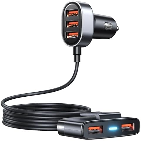 5-in-1 Car USB Charger Multi Port, 12V Car Phone Charger Adapter for Multiple Devices, Car Cigarette Lighter USB Charger with 5FT Extension Cable for Back Seat Charging Cover