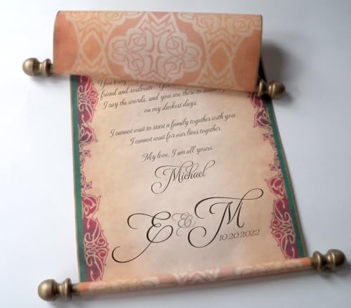 Custom parchment scroll with red, green and gold accents, 8x18 inches paper, handmade