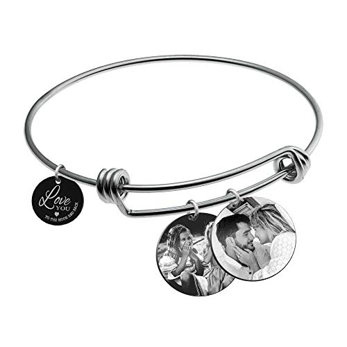 Love You to the Moon & Back Personalized Photo / Text / Fingerprint Engraved Dangle Charm Expandable Wire Bangle Bracelet Christmas Valentines Sweet 16 New Year Gift