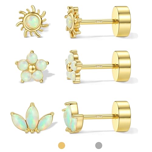 925 Sterling Silver Flat Back Stud Earrings for Women Hypoallergenic 14K Gold Plated Cartilage Earrings for Sensitive Ears Small CZ Opal Conch Helix Tragus Piercing Jewelry 3 Pairs 20G S1 G1