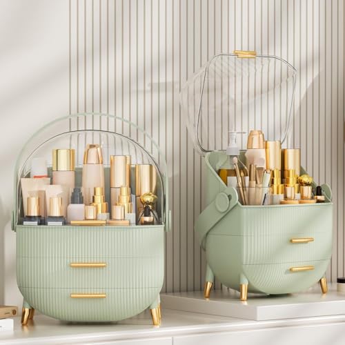 Image of JIALTO Storage Box, Organiser for Makeup & Skincare, Large Makeup Organizer with Dustproof Cover & Drawers, Cosmetic Storage for Dressing Table, Bathroom Vanity Organizer for Lipsticks Perfumes