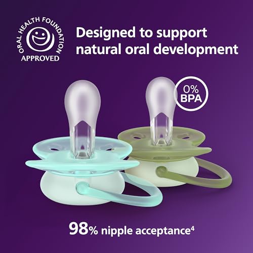 Image of Philips Avent Ultra Soft Nighttime Pacifiers - for Babies 0-6 Months, Glow in the Dark, Flexible Shield, Symmetrical Silicone Nipple, BPA-Free, Sterilizing Cases, 4 Pack, SCF094 /07