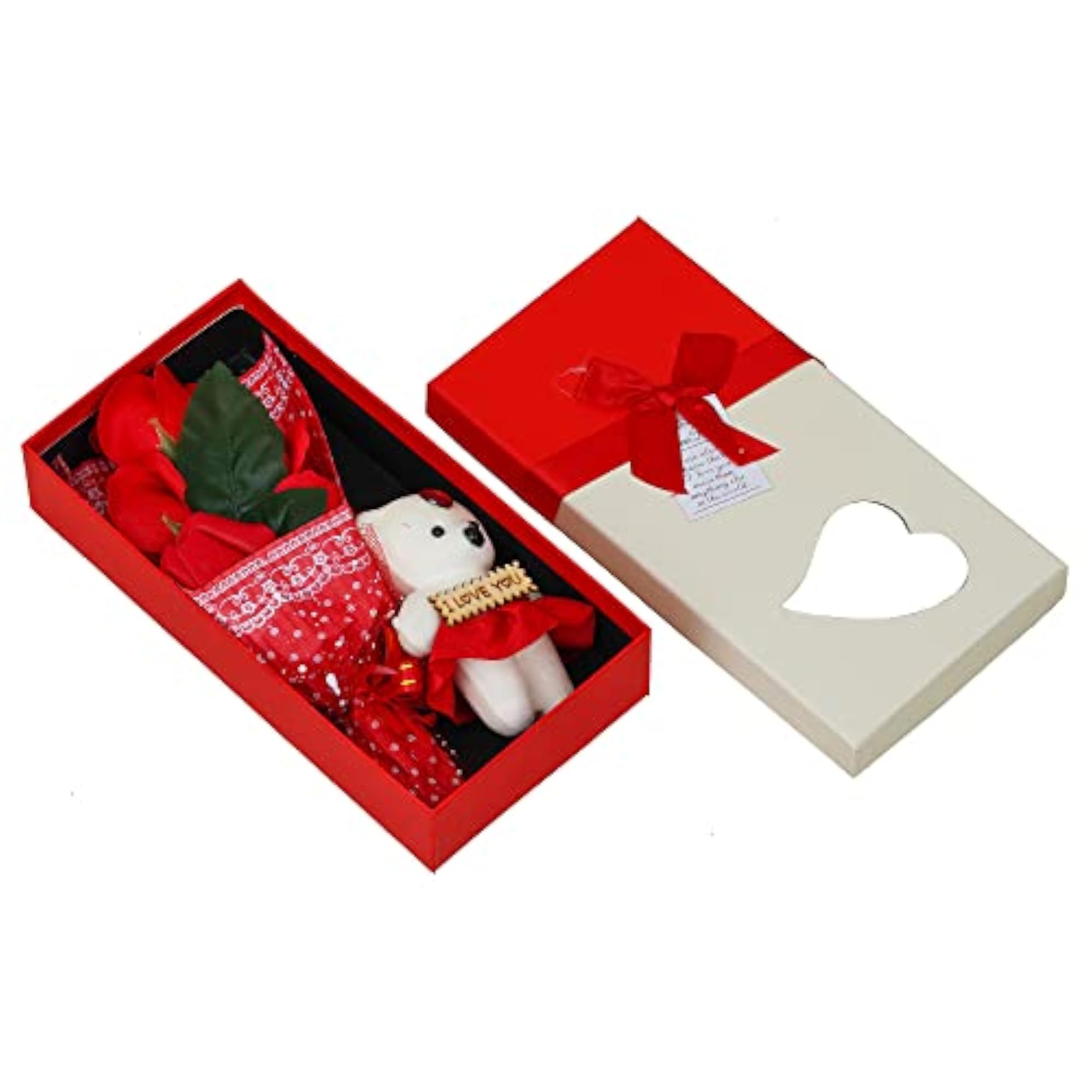 Valentine Gift Box with Red Roses and Teddy Bear