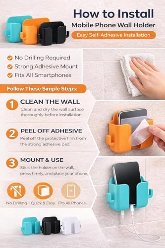 Image of 1 Pcs Mobile Holder for Home - Self-Adhesive Phone Charging Holder with Dual Hooks, Ideal for Bathroom, Kitchen, Bedroom, Office - Reusable ABS Build HMH-1 Multicolor