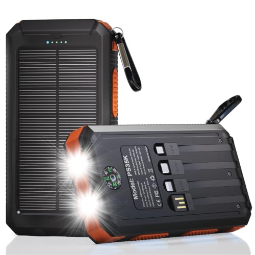 Durecopow Solar Charger Power Bank 20,000mAh, Portable Charger, 4 Cables 3 Ports Fast Charging...