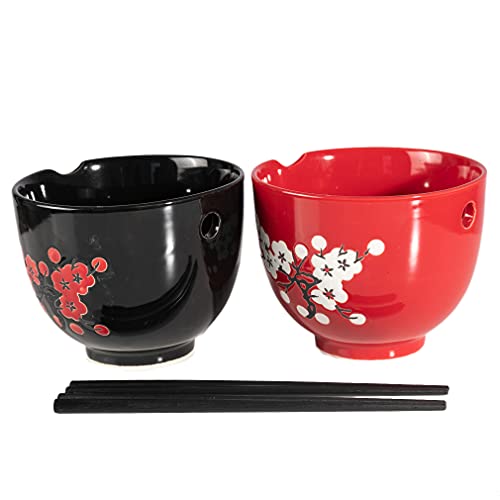 Duo de grands bols rouge et noir 13 cm avec baguettes - 4