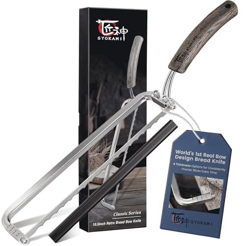 SYOKAMI 2026 Upgrade Bread Knife for Homemade Bread Worlds 1st Real Bow-Design Sourdough Bread Slicer Razor-Sharp Cutter for Crusty Sourdough & Baguette 4 Thickness Scale Marks Gift for Mom