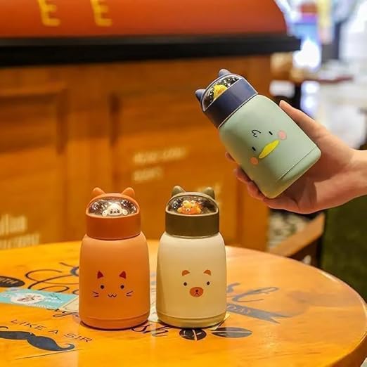 Image of Cute Cat Kids Glass Bottle 360ml - Heatproof Thermal Cup with Cover, Portable Travel Mug, Leakproof Glass Water Bottle for Children (Pack of 1)