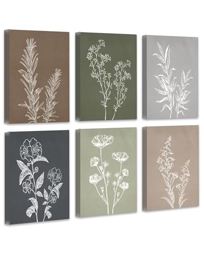 Drsoum Botanical Wall Art Framed Boho Wall Art Decor Wooded Minimalist Vintage Print Modern Rustic Farmhouse Home Kitchen Decor 8x10inx6pcs