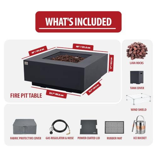 Image of AMS Creations | Brooklyn 40 inch Bundle Square Propane Gas Outdoor Fire Pit Table | Dark Gray Concrete GFRC Smooth Texture Surface Fire Pit Table