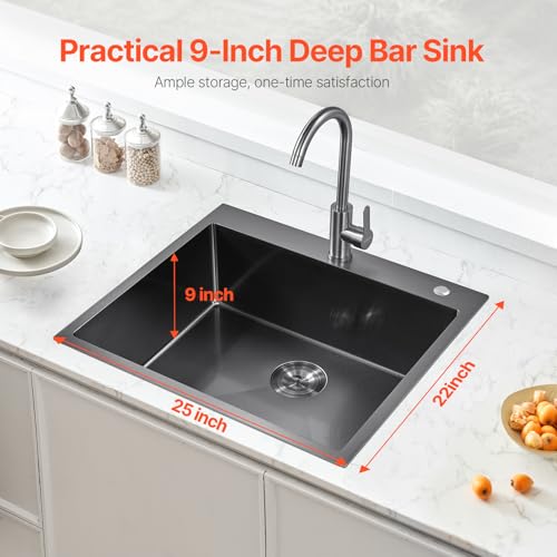 VEVOR 25 inch Kitchen Sink Workstation, 304 Stainless Steel Top Mount Sinks, Drop-in Single Bowl Farmhouse Basin with Accessories, Household Dishwasher Sinks for RV, Prep Kitchen, and Bar (Black) by VEVOR - Image 2